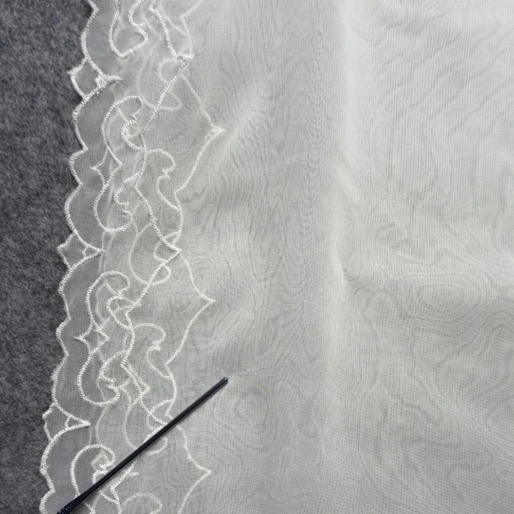 Vintage Sheer Off White Table Runner Embroidered Scalloped Edge Scrollwork 30x15
